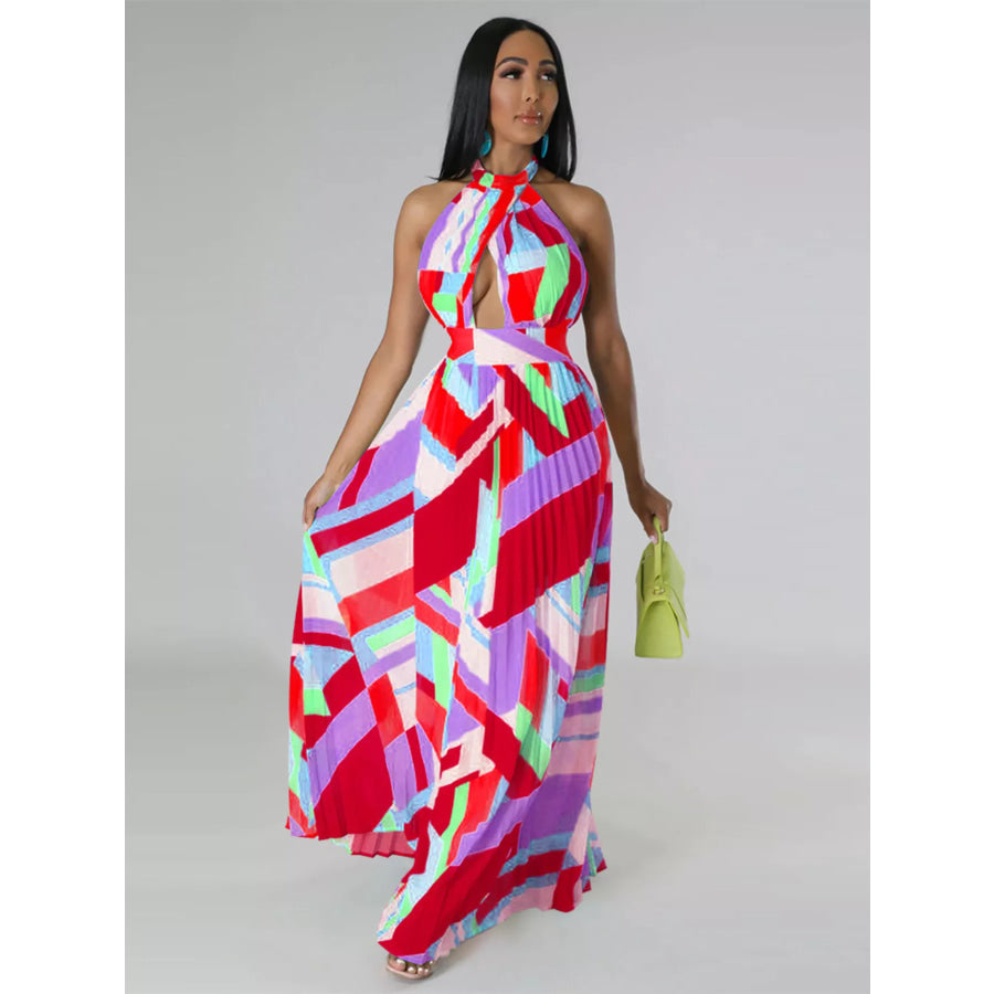 Halter Neck Geometric Print Pleated Maxi Dress Apparel and Accessories