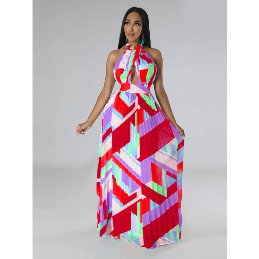 Halter Neck Geometric Print Pleated Maxi Dress Apparel and Accessories