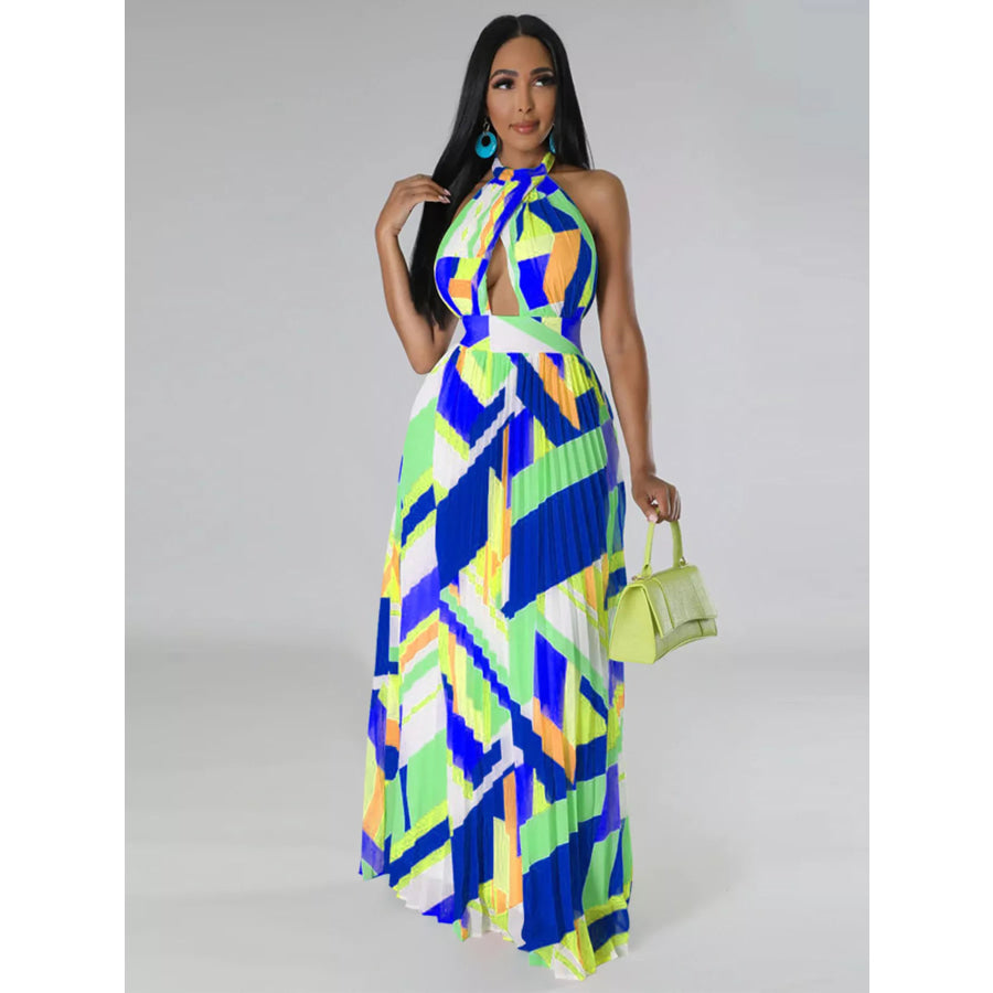 Halter Neck Geometric Print Pleated Maxi Dress Apparel and Accessories