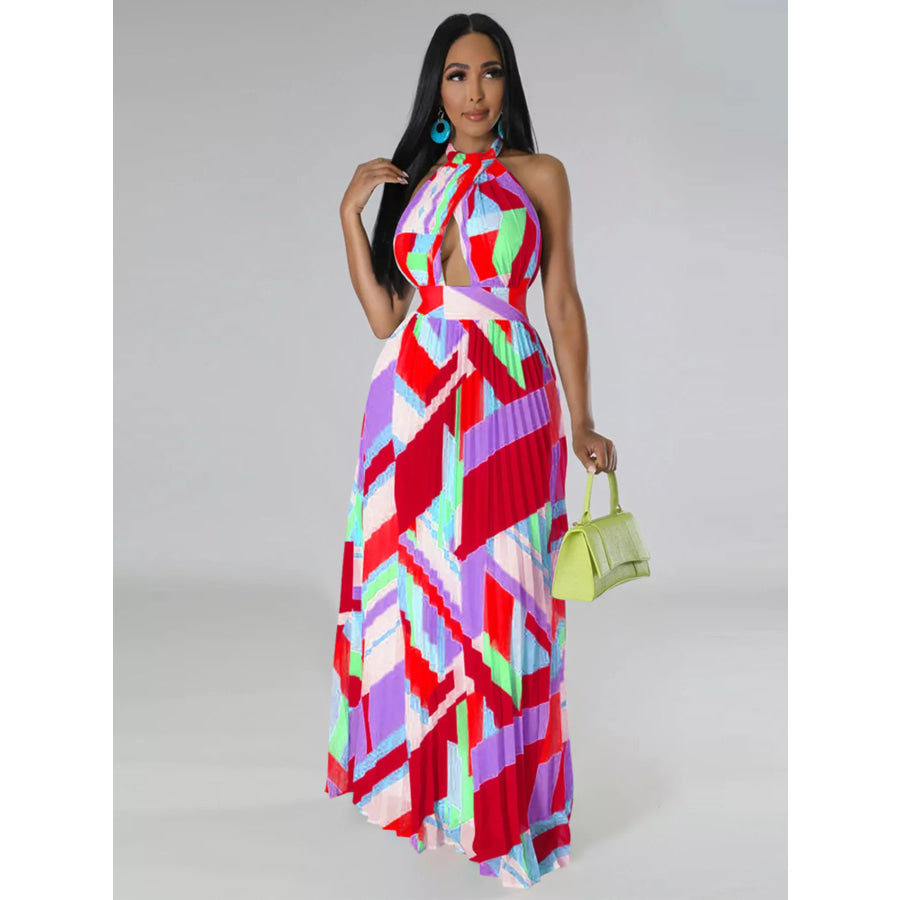 Halter Neck Geometric Print Pleated Maxi Dress Apparel and Accessories