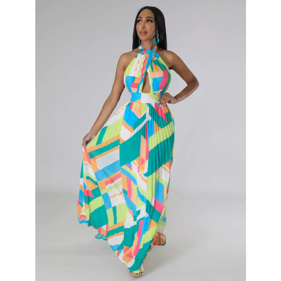 Halter Neck Geometric Print Pleated Maxi Dress Apparel and Accessories