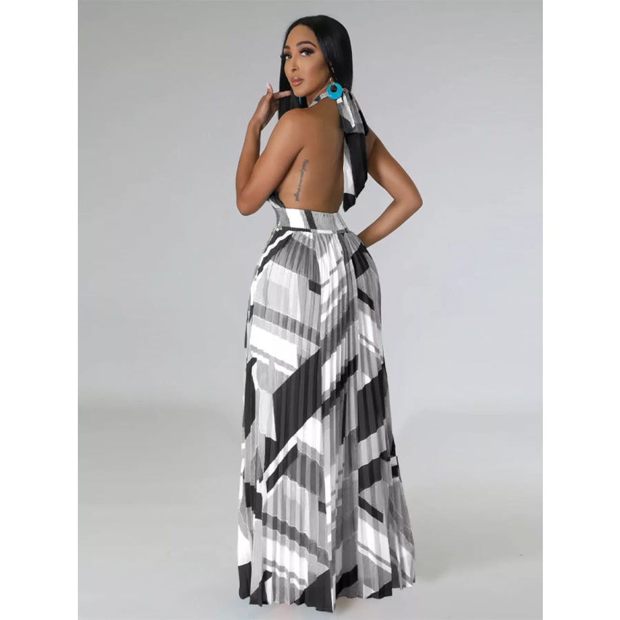 Halter Neck Geometric Print Pleated Maxi Dress Apparel and Accessories
