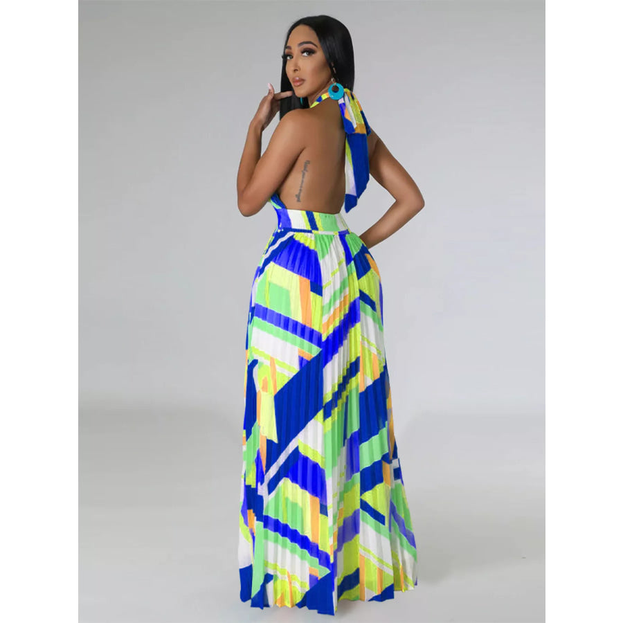 Halter Neck Geometric Print Pleated Maxi Dress Apparel and Accessories
