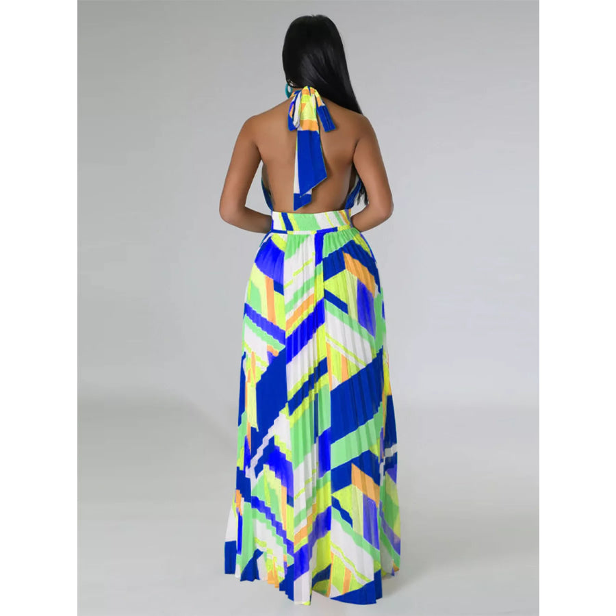 Halter Neck Geometric Print Pleated Maxi Dress Apparel and Accessories