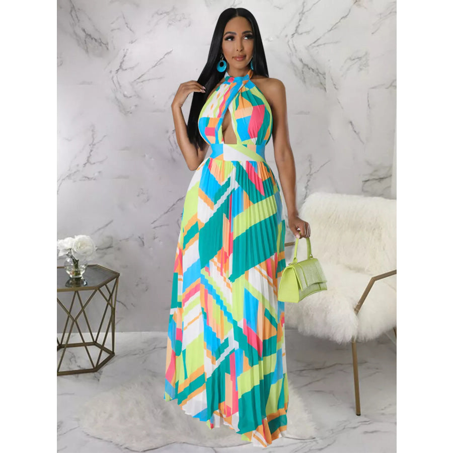 Halter Neck Geometric Print Pleated Maxi Dress Apparel and Accessories