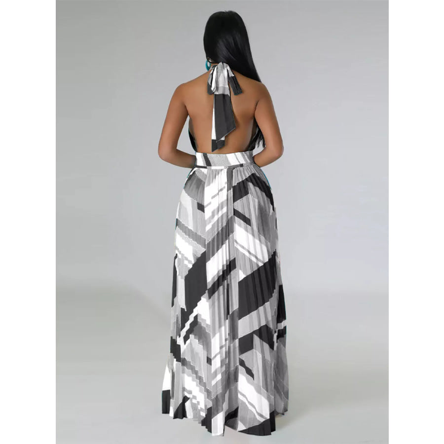 Halter Neck Geometric Print Pleated Maxi Dress Apparel and Accessories