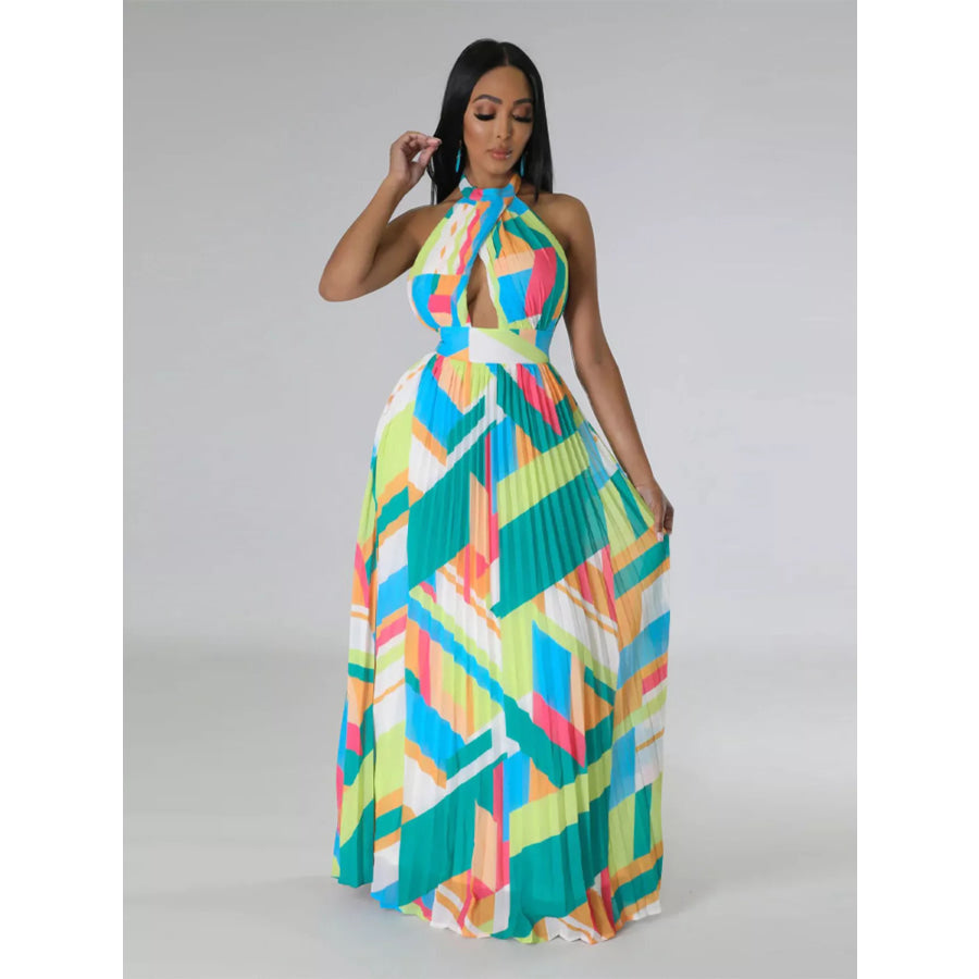 Halter Neck Geometric Print Pleated Maxi Dress Apparel and Accessories