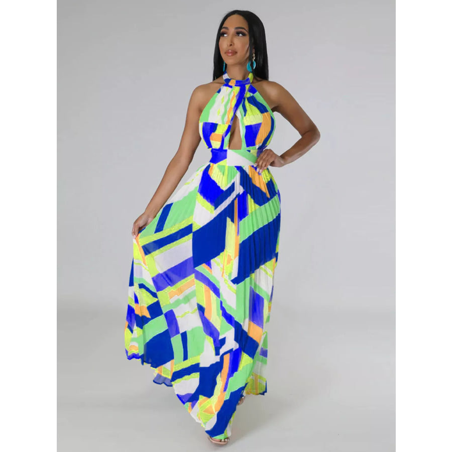 Halter Neck Geometric Print Pleated Maxi Dress Apparel and Accessories
