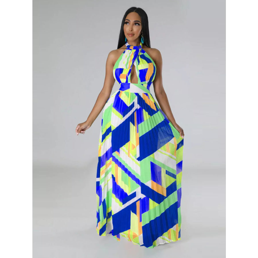Halter Neck Geometric Print Pleated Maxi Dress Apparel and Accessories
