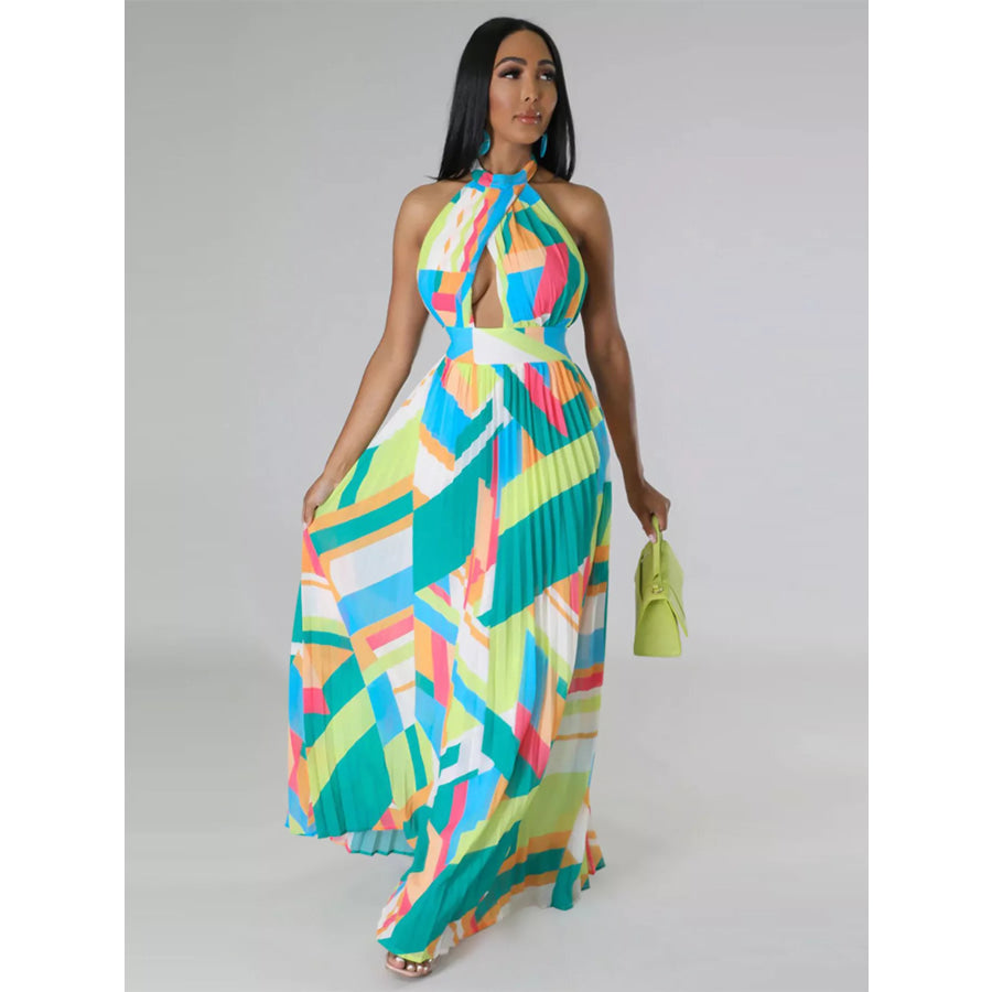 Halter Neck Geometric Print Pleated Maxi Dress Apparel and Accessories