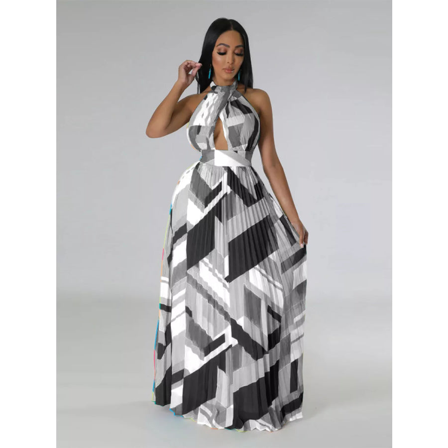 Halter Neck Geometric Print Pleated Maxi Dress Apparel and Accessories