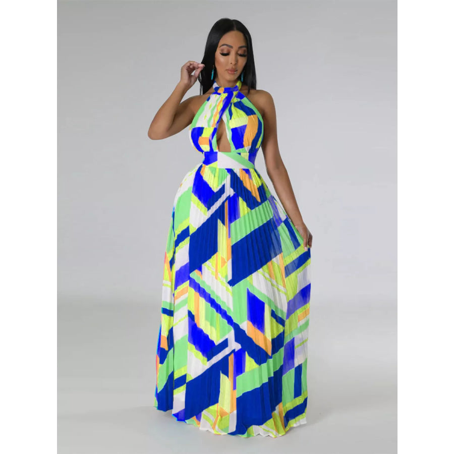 Halter Neck Geometric Print Pleated Maxi Dress Blue / S Apparel and Accessories