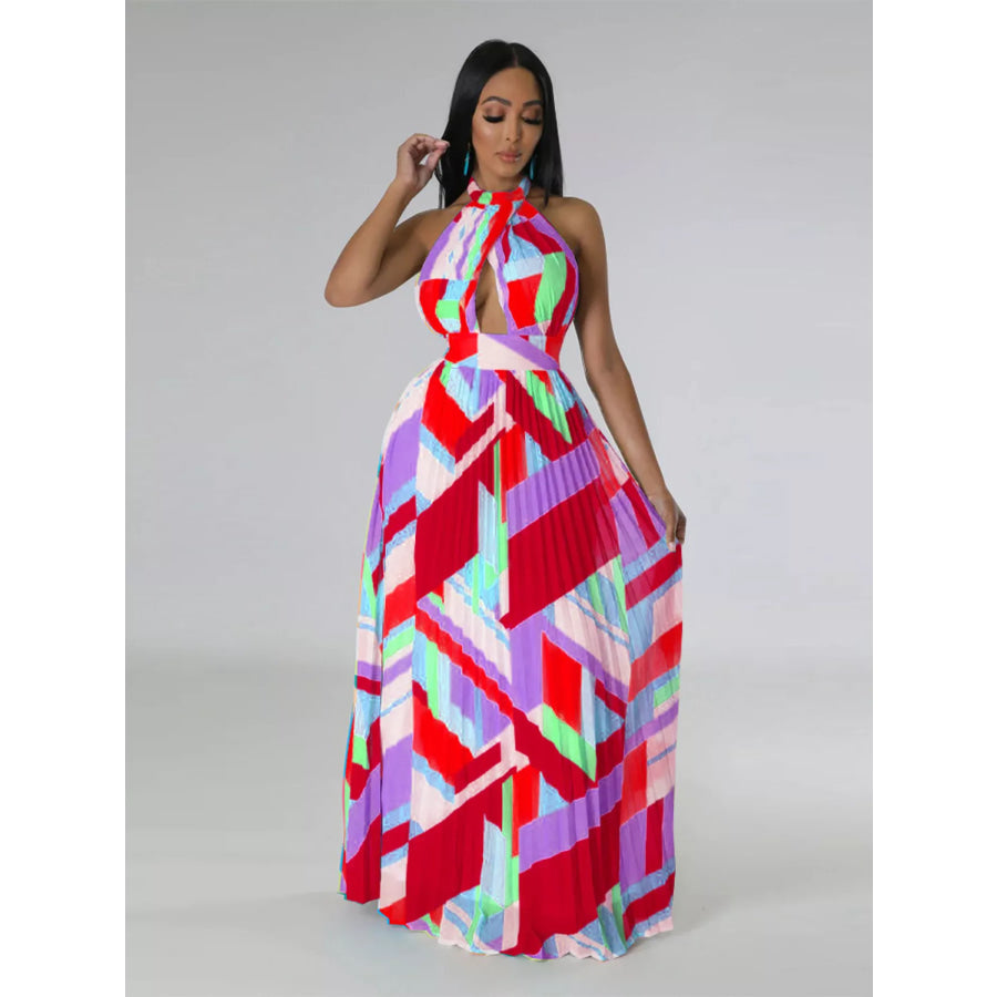 Halter Neck Geometric Print Pleated Maxi Dress Red / S Apparel and Accessories