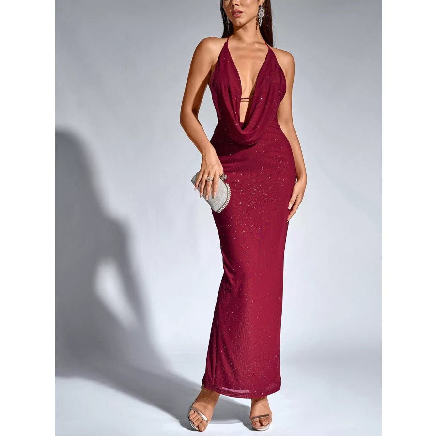 Halter Neck Glitter Bodycon Maxi Dress Dark Red / XS Apparel and Accessories