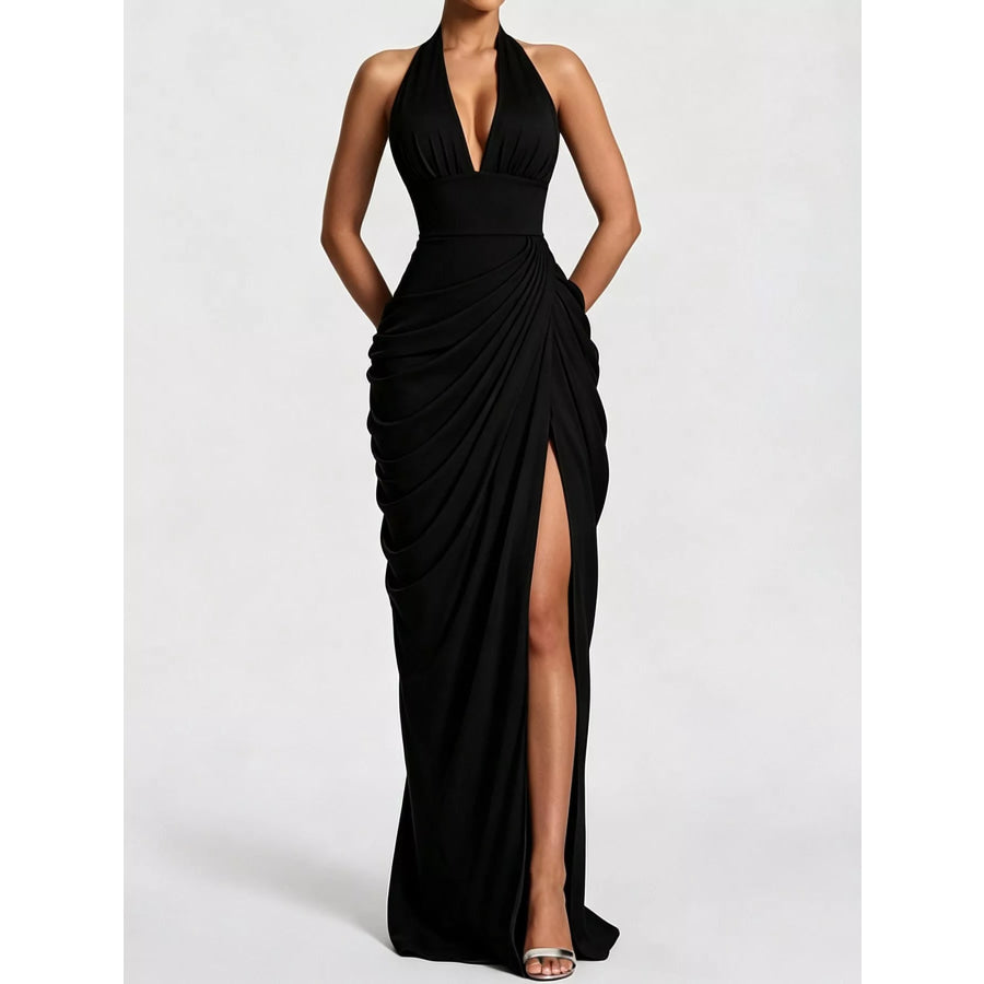 Halter Neck High-Slit Maxi Evening Dress Black / XS Apparel and Accessories