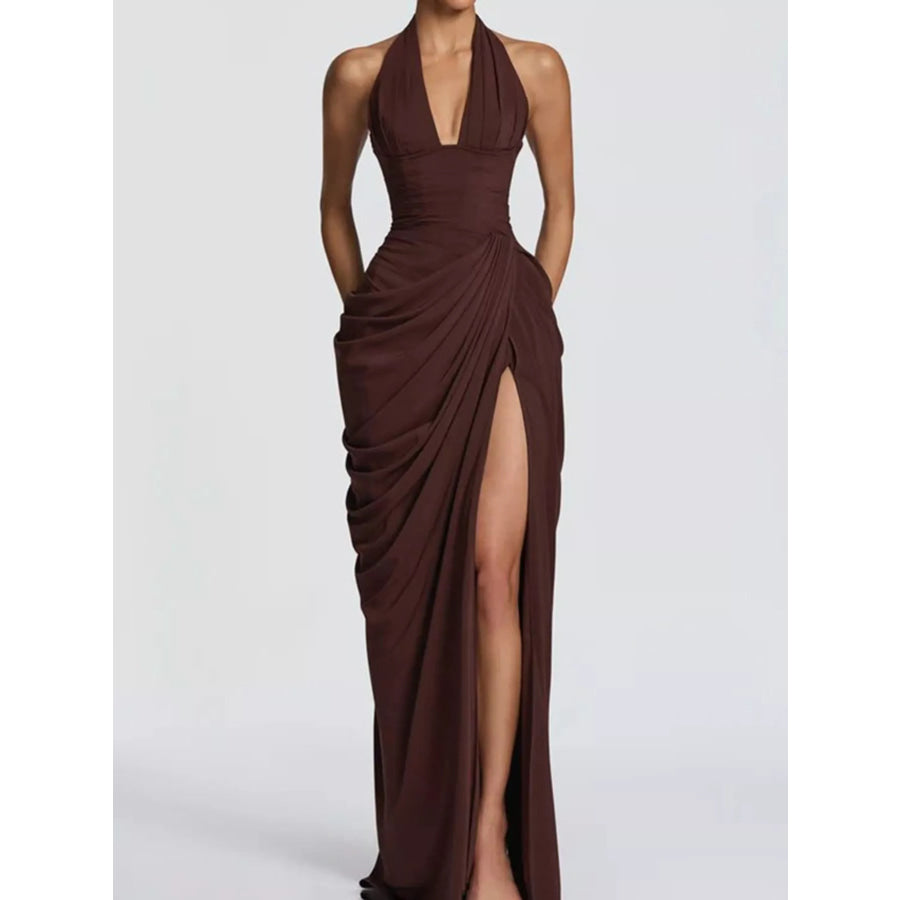 Halter Neck High-Slit Maxi Evening Dress Coffee / XS Apparel and Accessories