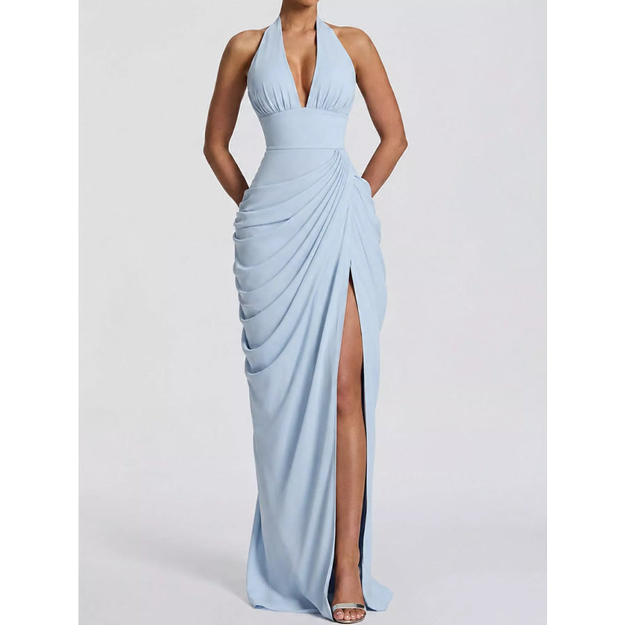Halter Neck High-Slit Maxi Evening Dress Light Blue / XS Apparel and Accessories