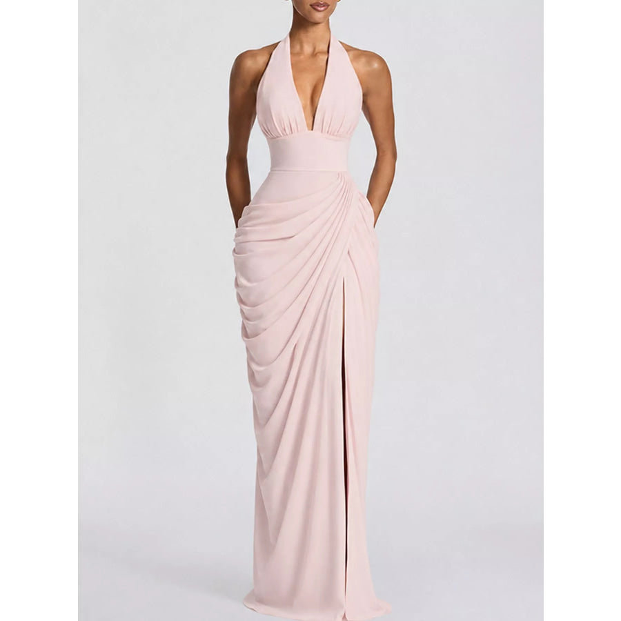 Halter Neck High-Slit Maxi Evening Dress Pink / XS Apparel and Accessories