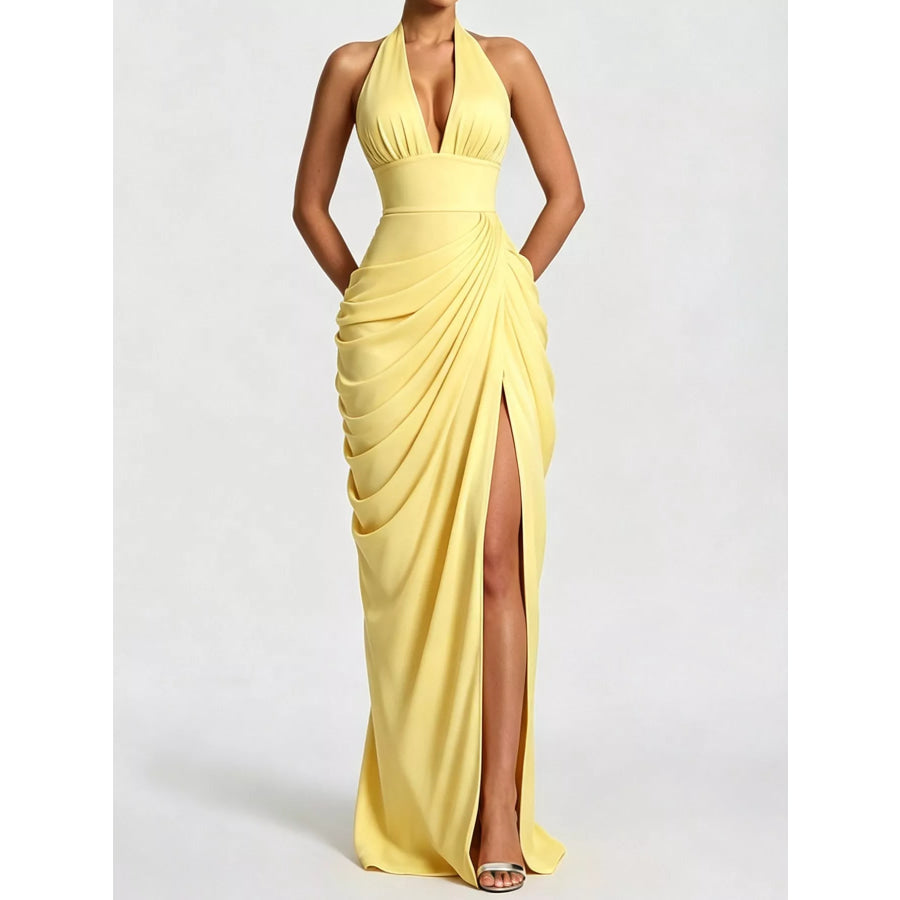 Halter Neck High-Slit Maxi Evening Dress Yellow / XS Apparel and Accessories