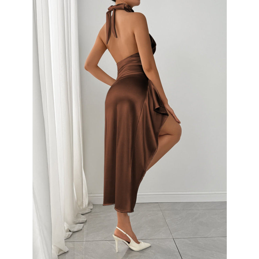 Halter Neck High Slit Satin Dress Apparel and Accessories