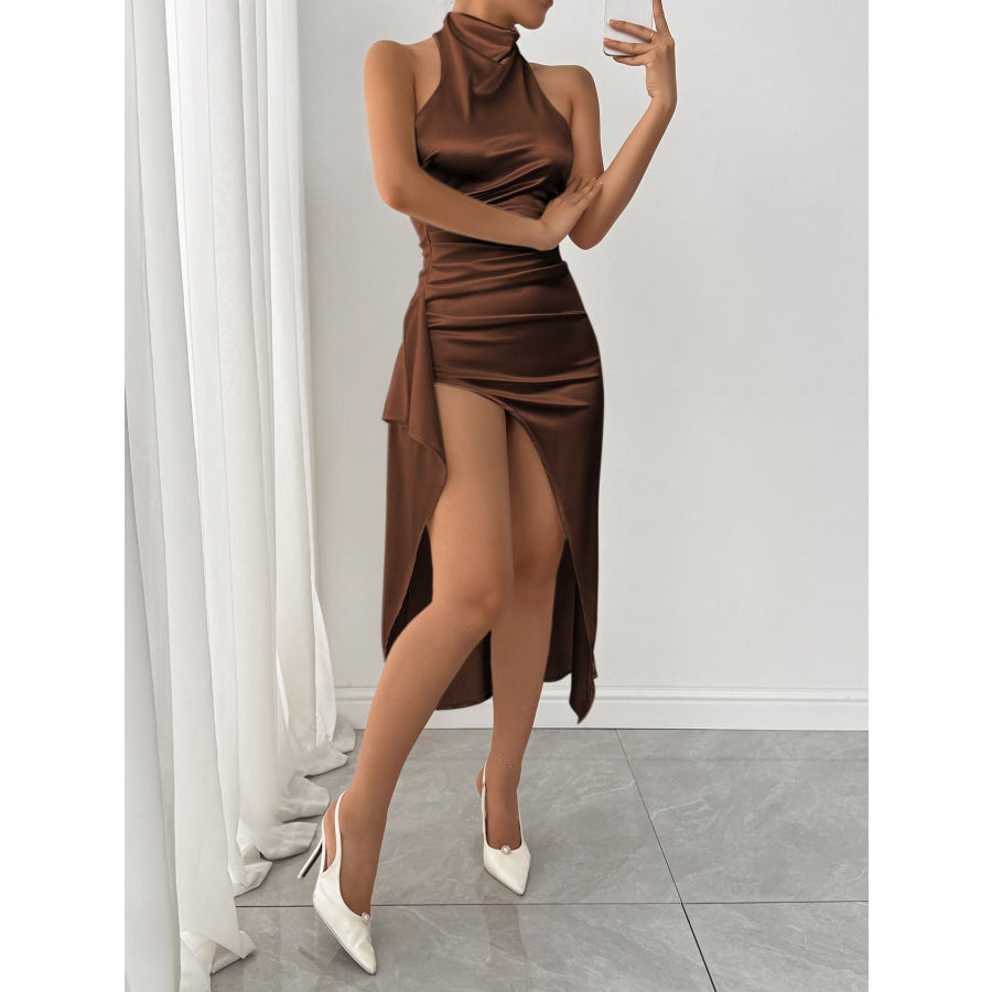 Halter Neck High Slit Satin Dress Apparel and Accessories