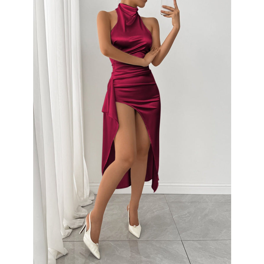 Halter Neck High Slit Satin Dress Apparel and Accessories