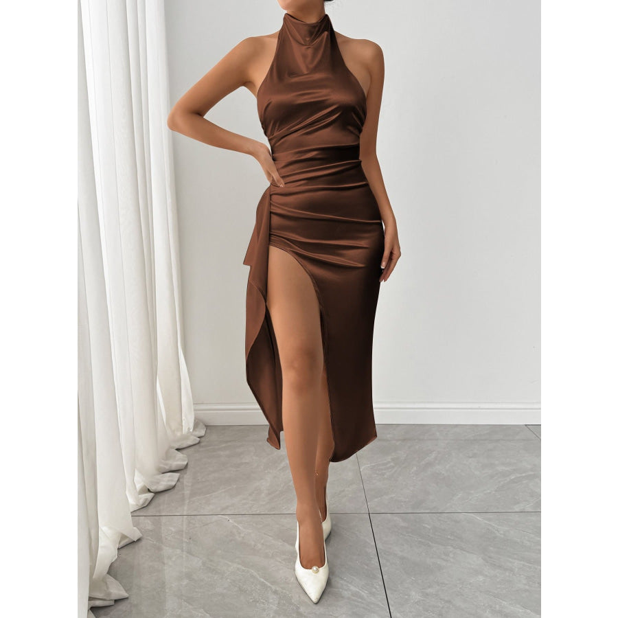 Halter Neck High Slit Satin Dress Apparel and Accessories
