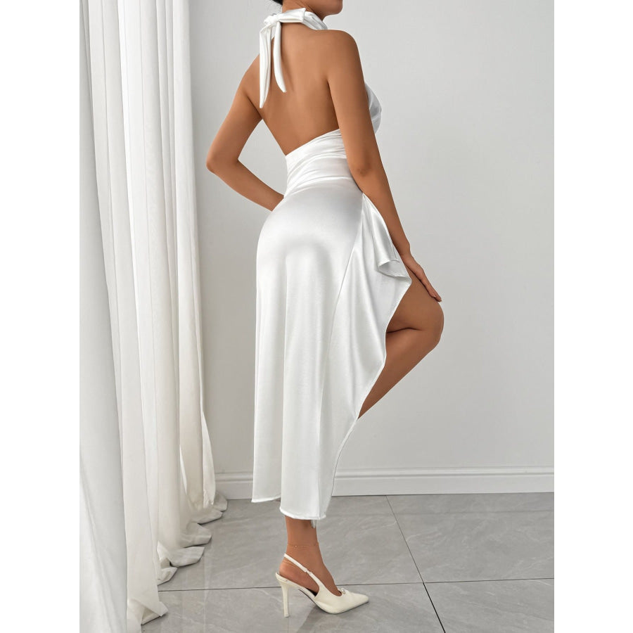 Halter Neck High Slit Satin Dress Apparel and Accessories