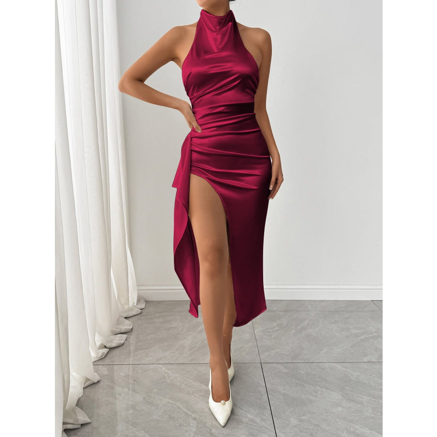 Halter Neck High Slit Satin Dress Apparel and Accessories