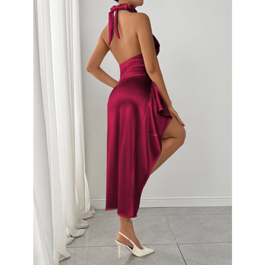 Halter Neck High Slit Satin Dress Apparel and Accessories