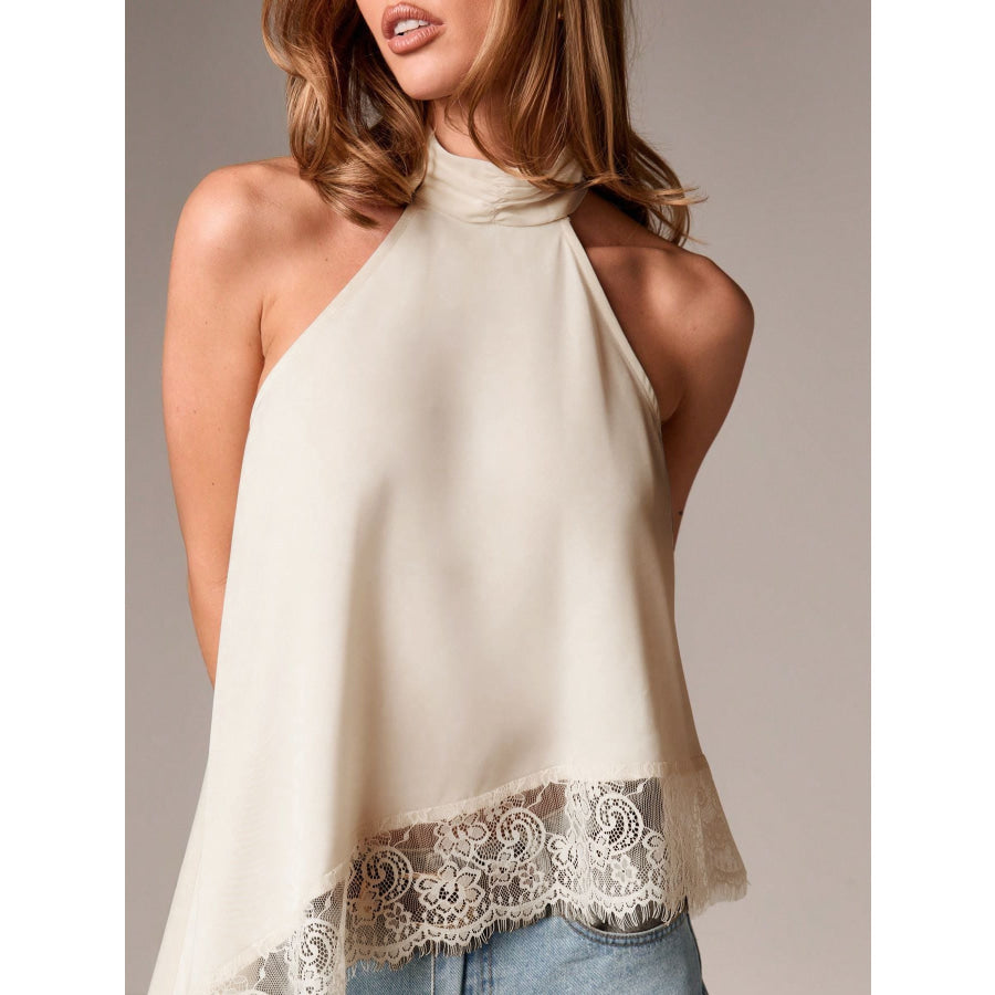 Halter Neck Lace Trim Cami Beige / XS Apparel and Accessories
