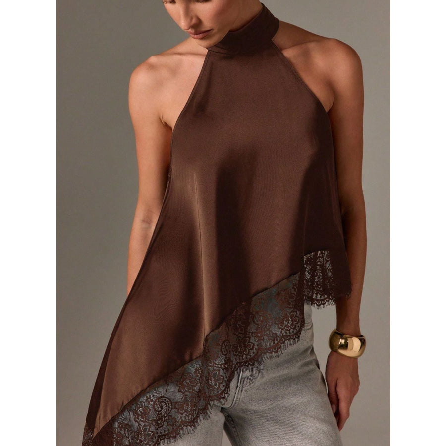 Halter Neck Lace Trim Cami Brown / XS Apparel and Accessories