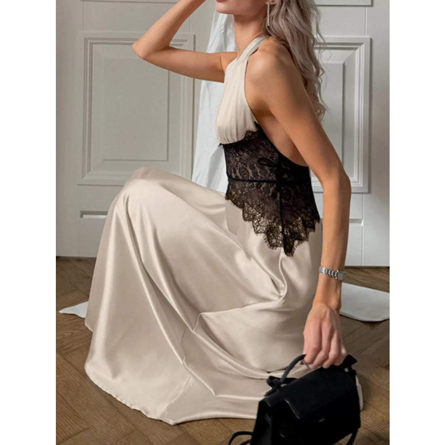 Halter Neck Lace Waist Maxi Dress Apparel and Accessories