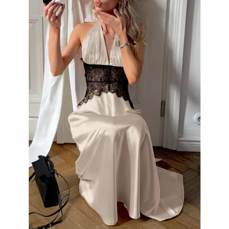 Halter Neck Lace Waist Maxi Dress Apparel and Accessories