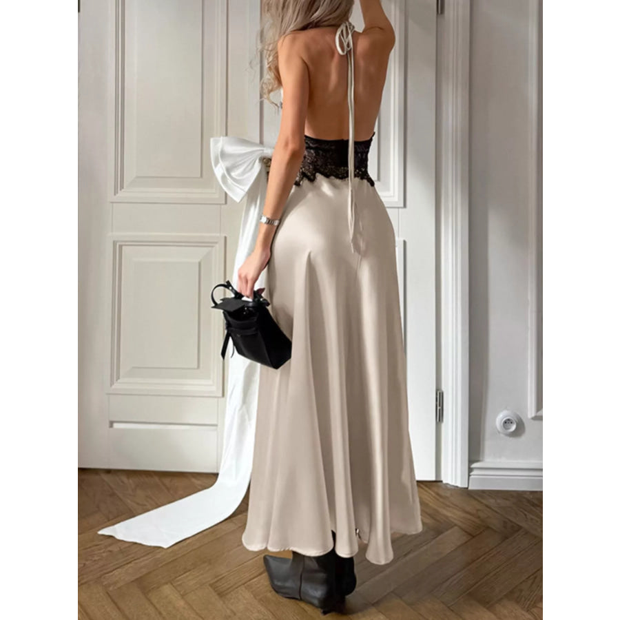 Halter Neck Lace Waist Maxi Dress Apparel and Accessories