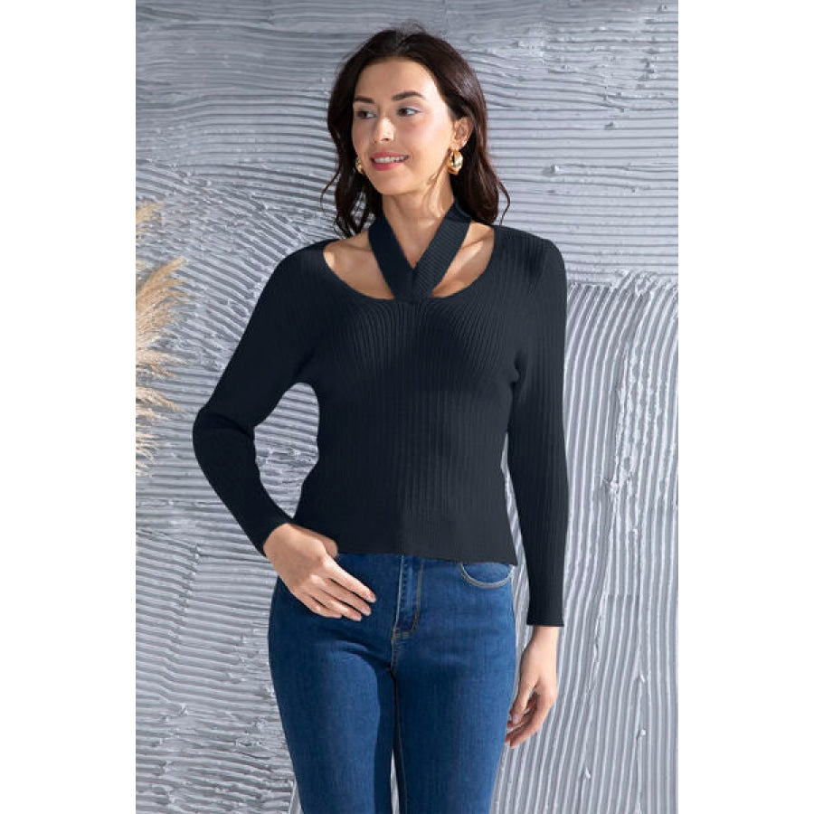 Halter Neck Long Sleeve Sweater Black / S Clothing