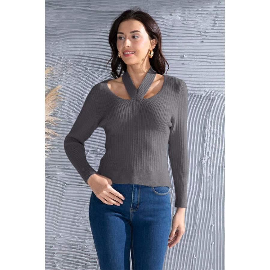 Halter Neck Long Sleeve Sweater Charcoal / S Clothing