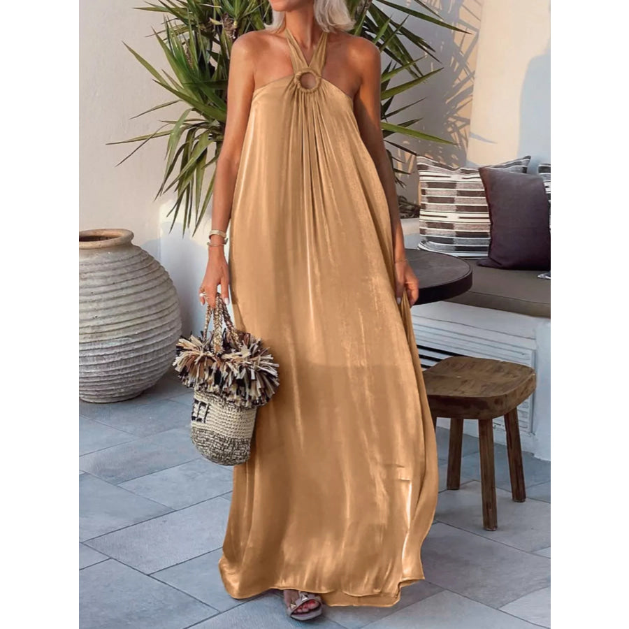 Halter Neck Maxi Dress with O-Ring Detail Khaki / S Apparel and Accessories