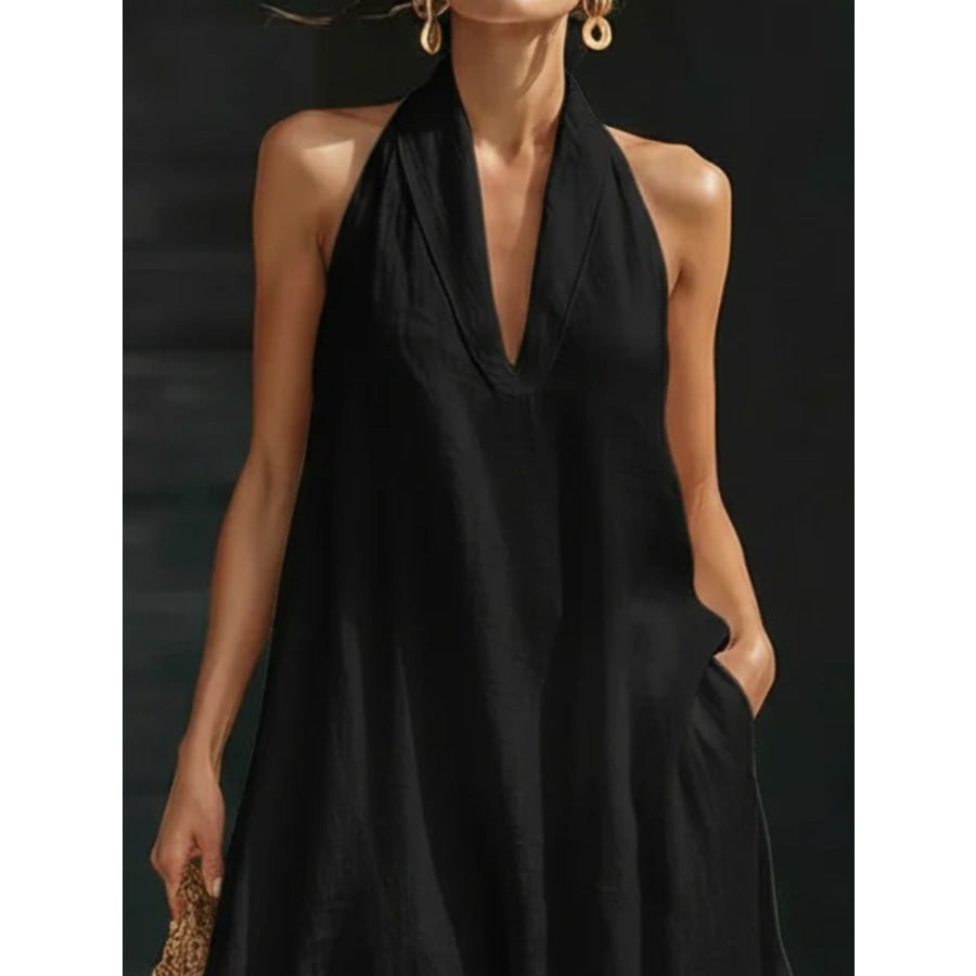 Halter Neck Maxi Dress with Pockets Black / S Apparel and Accessories