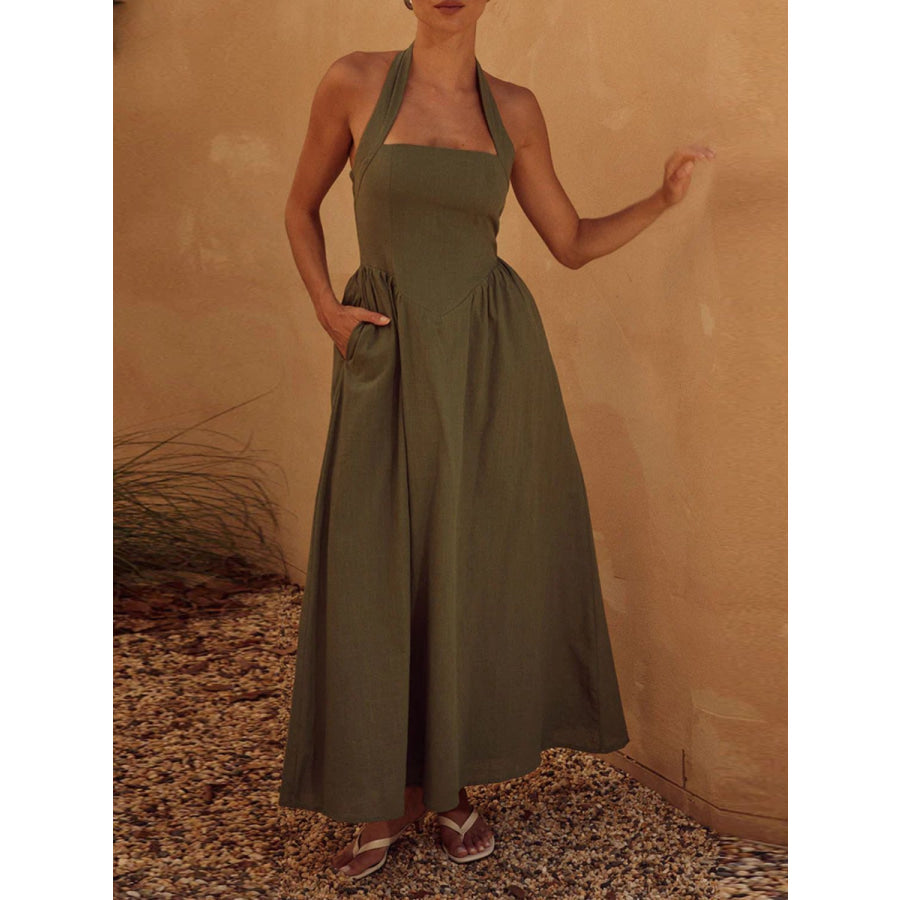 Halter Neck Maxi Dress with Pockets Moss / S Apparel and Accessories