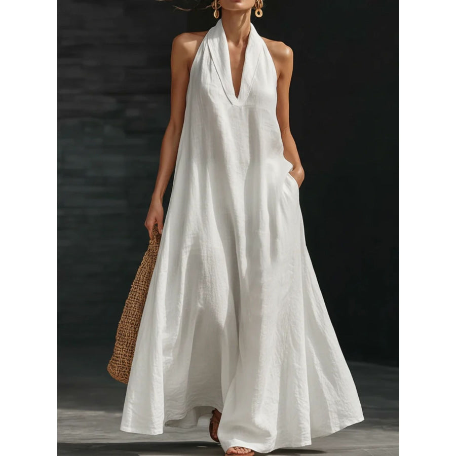 Halter Neck Maxi Dress with Pockets White / S Apparel and Accessories