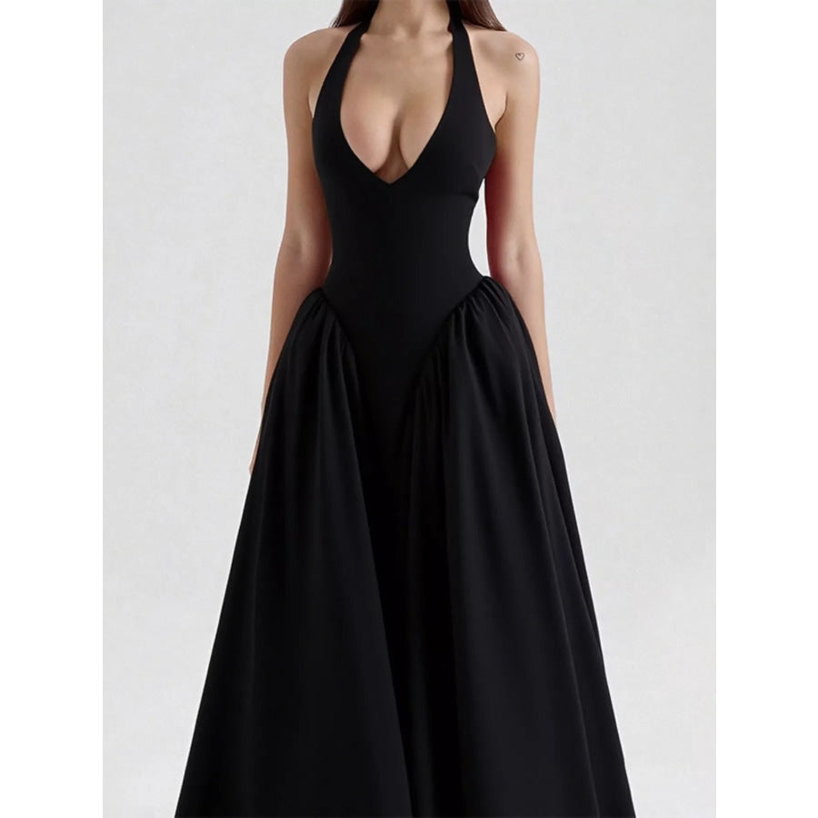 Halter Neck Midi Dress with Pockets Black / S Apparel and Accessories