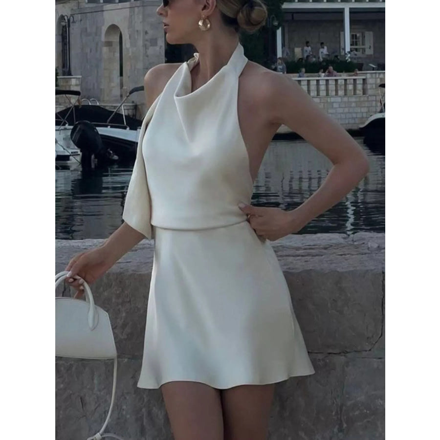 Halter Neck Mini Dress Beige / S Apparel and Accessories