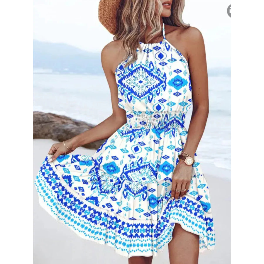 Halter Neck Mini Dress with Smocked Waist Sky Blue / S Apparel and Accessories