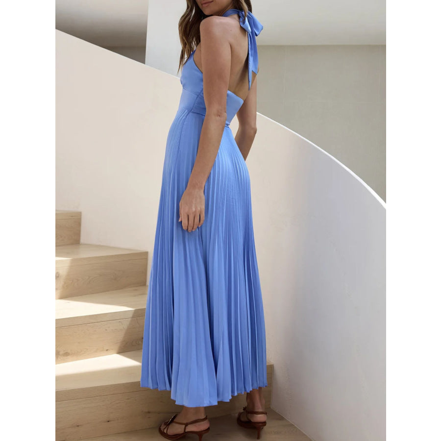 Halter Neck Pleated A-Line Dress Apparel and Accessories