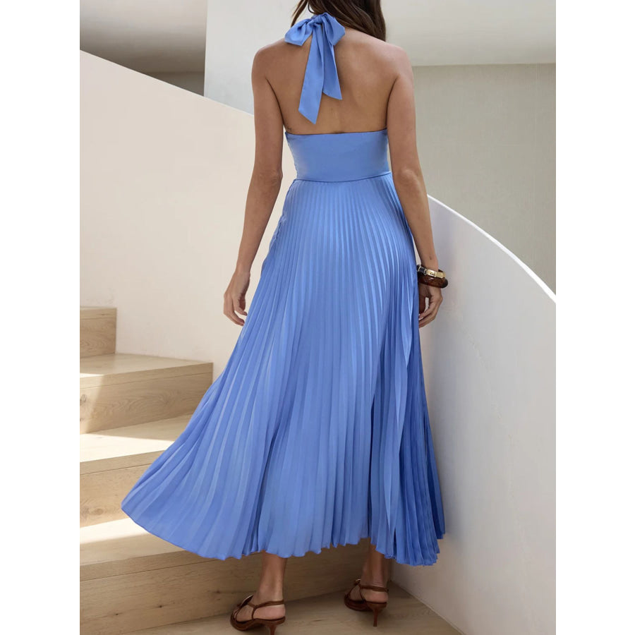 Halter Neck Pleated A-Line Dress Apparel and Accessories