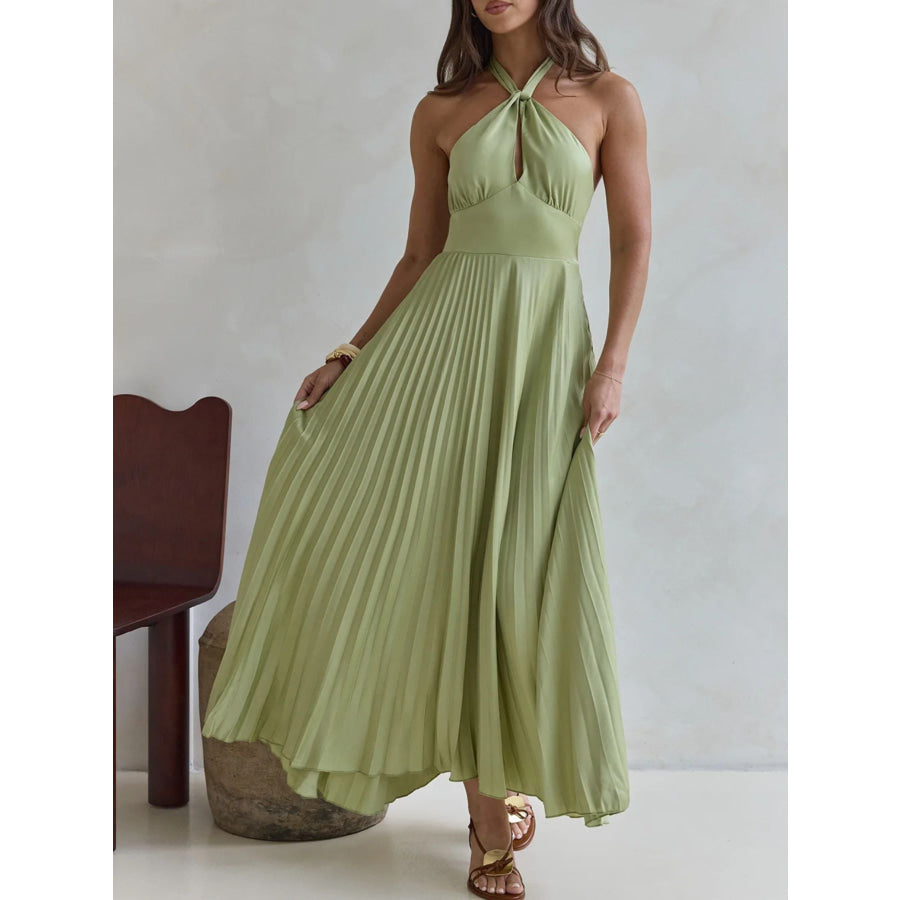 Halter Neck Pleated A-Line Dress Green / S Apparel and Accessories