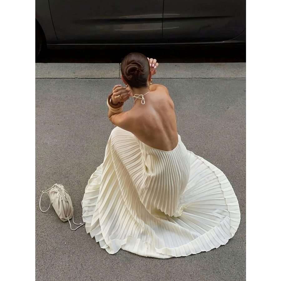 Halter Neck Pleated Maxi Dress Apparel and Accessories