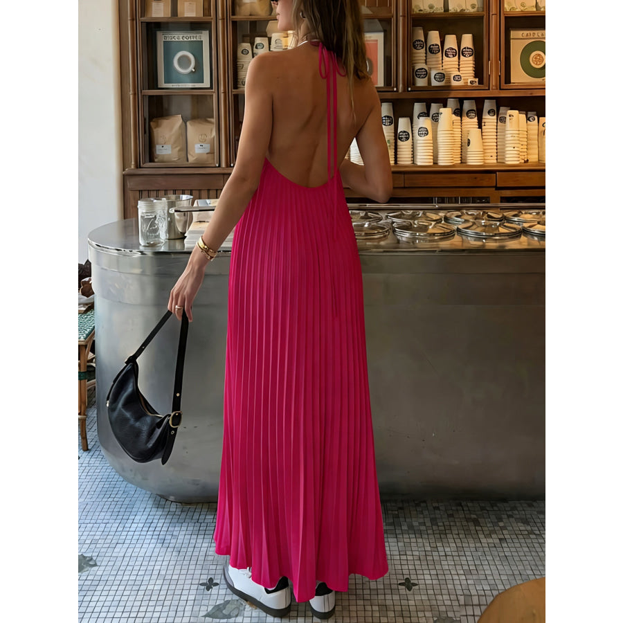 Halter Neck Pleated Maxi Dress Apparel and Accessories