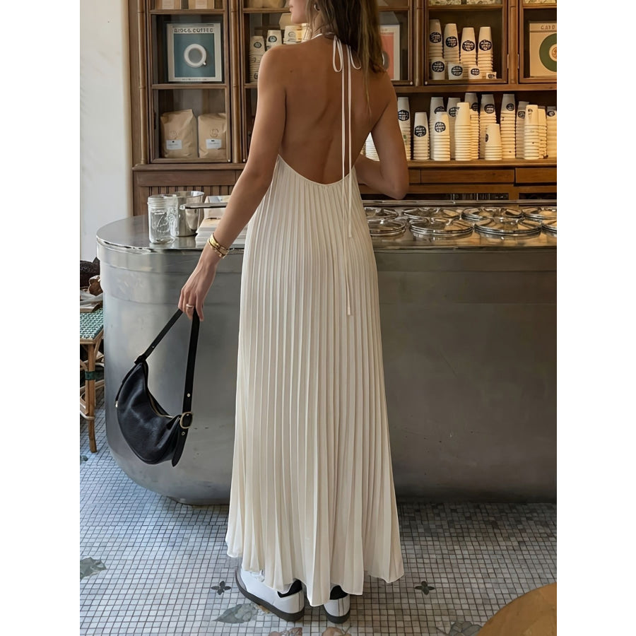 Halter Neck Pleated Maxi Dress Apricot / S Apparel and Accessories